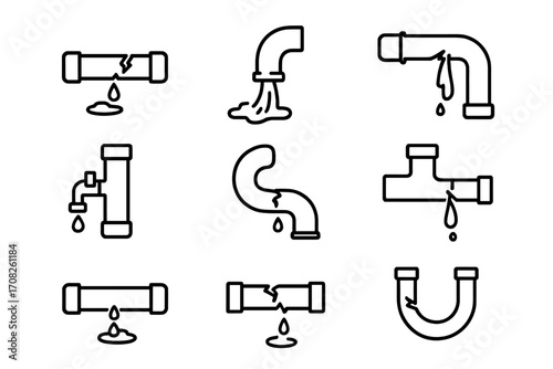 Broken pipes line icon set. Water leak and plumbing problems vector collection. Damaged pipeline, dripping faucet, burst pipe pictogram. Home repair emergency service symbol.