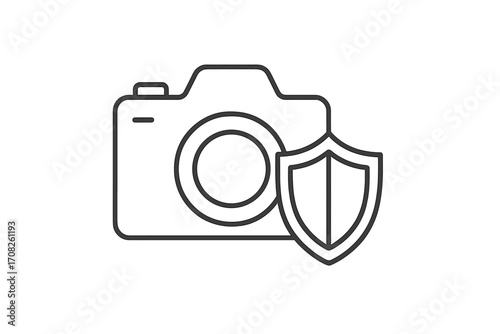 Camera with shield icon. Metaphor for photo insurance, equipment protection, image copyright, and data privacy. Minimalistic vector line art for security concepts.