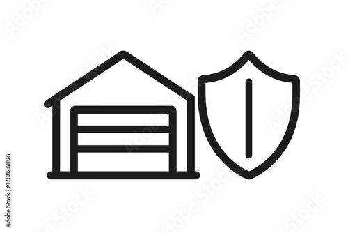 Garage security icon. Home insurance concept. Property protection symbol. Warehouse safety pictogram. Secure storage vector illustration. House guard shield sign for web design.