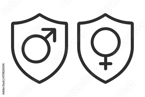Gender protection icon set. Male and female symbol in shield. Man and woman safety, security, and health concept. Gender equality and rights. Vector line art illustration.