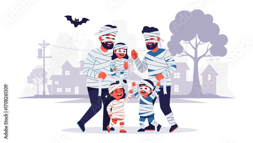 Halloween Mummy Family: A creative depiction of a family dressed as mummies on Halloween, evoking the festive spirit of the holiday. Capturing the essence of family fun and seasonal traditions.