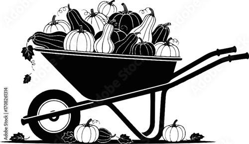 Autumn harvest wheelbarrow overflowing with pumpkins and gourds seasonal farm produce vector