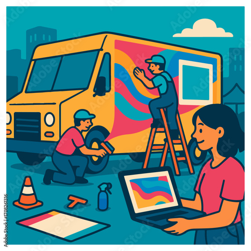 Street art team painting van