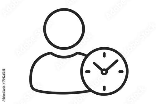 Time management icon. User with clock symbol represents work hours, schedule, and deadlines. Concept for employee time tracking, availability, history log, and user profile.