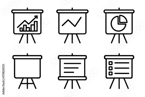 Presentation board icon set for business reports and data analytics. Flip chart with graphs, diagrams, and statistics. Vector line art collection for infographics. Editable stroke.