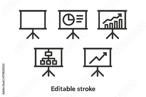 Presentation board icon set with charts and graphs for business data visualization. Editable stroke line icons for infographics, reports, and analytics. Growth trend, org chart, pie chart.