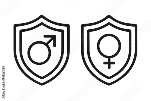 Gender equality and protection concept. Male and female gender symbols inside shields. Vector line icon for men's and women's rights, health, and security. Sex symbol.