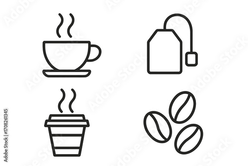 Coffee and tea icon set. Line art symbols of hot drink, cup, mug, teabag, coffee beans. Simple vector illustration for cafe menu, beverage sign, web, infographic, logo.