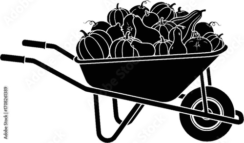 Autumn harvest wheelbarrow overflowing with pumpkins and gourds seasonal farm produce vector
