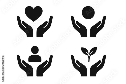 Hands holding heart, person, plant icon set. Care, support, charity, love, growth, environment concept. Vector pictogram for web and apps. Social responsibility symbol.