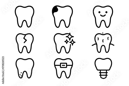 Tooth line icon set. Dental care, dentistry, and oral hygiene symbols. Healthy tooth, cavity, cracked, whitening, braces, and implant concepts for web design and apps. Vector.
