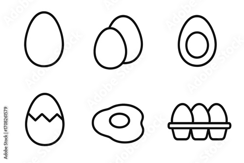 Egg outline icon set. Line art food symbols. Collection includes whole, boiled, cracked, and fried eggs, and carton. Editable stroke vector for breakfast or recipe.