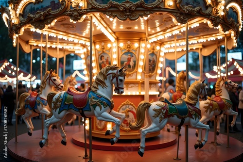 A brightly lit carousel horse ride at night.