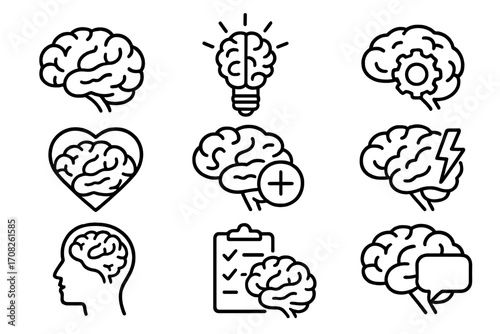 Brain icon set. Mind, thinking, idea, mental health. Psychology, creativity, knowledge, brainstorm, solution concepts. Editable stroke vector line icons for UI, web, apps.