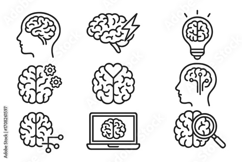 Brain icon set. Mind, thinking, psychology, AI. Editable stroke vector icons. Mental health, creativity, idea, brainstorm, intelligence, emotion, logic, analysis concept.