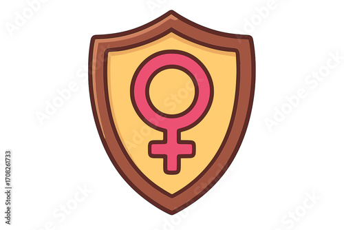 Women's health and rights protection concept. Female gender symbol on a shield. Feminism, empowerment, and safety icon. Metaphor for girl power, security, and equality. Vector.