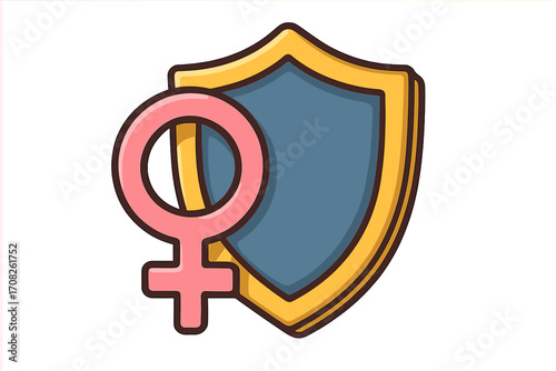 Woman's protection, safety, health concept. Female sign with shield. Feminism, empowerment, gender equality metaphor. Vector icon for women's rights, girl power.