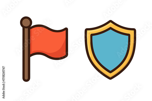 Flag and shield icon set vector illustration. Emblem for gaming, clan, guild crest. Symbol for security, safety, defense. Metaphor for mission, goal, achievement. Cartoon.