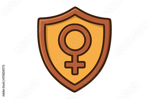 Feminism and female empowerment concept. Shield with woman gender symbol for protection and safety. Vector icon illustration for women's rights and gender equality movement.