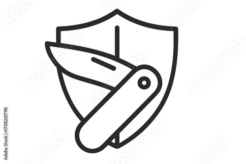 Knife and shield linear icon. Protection, security, defense vector symbol. Folded pocket knife and guard emblem. Concept of safety, attack, self-defense. Blade outline logo.
