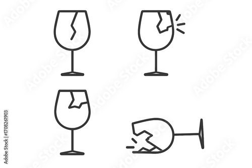 Broken wine glass line icon set. Minimalistic linear pictogram for web. Shattered fragile glassware. Cracked drink glass concept. Vector accident, damage, fragile symbol set.