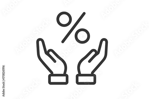 Hands holding percent sign. Metaphor for discount, sale, special offer, promotion, or interest rate. Financial concept of loan, credit, or investment return. Vector icon.