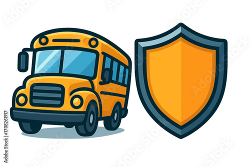 School bus safety concept with shield. Student transportation security and protection. Children safety on the road. Vehicle insurance metaphor. Yellow bus vector cartoon.