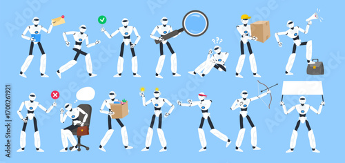 robot in various poses and situations scenes set  modern technology vector illustration