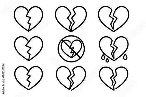 Broken heart line icon set. Heartbreak, divorce, sad love symbol collection. Simple outline vector graphic for web, app, print. Unhappy relationship, pain, grief concept.