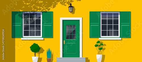 yellow house facade entrance  door two windows potted plants exterior design vector illustration