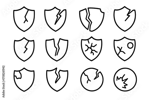 Broken shield line icon set. Cracked security and protection symbols. Metaphor for vulnerability, risk, failure, data breach, cyber attack. Vector outline graphic signs.