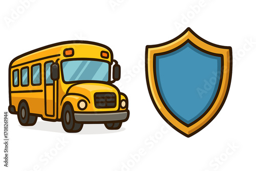 School bus safety vector concept with protection shield. Student transportation security icon. Back to school children travel insurance symbol. Safe pupil transit guarantee.