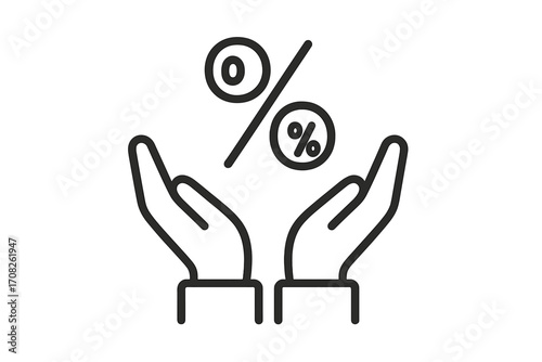 Hand holding percent sign. Interest rate, credit, discount, sale, promotion icon. Financial, banking, investment, loan, mortgage, deposit concept. Zero percent. Offer vector.
