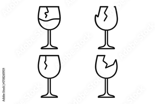 Broken wine glass line icon set. Cracked and shattered glassware pictogram pack. Fragile symbol concept. Metaphor for failure, accident, bad luck, or the end of a party.