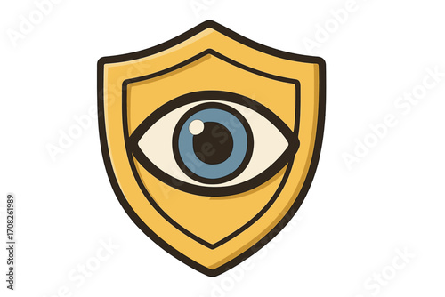 Shield with eye icon for security and protection. Concept of safety, guard, and surveillance. Vector logo for antivirus software, data privacy, and secure vision symbol.