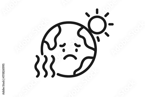 Global warming icon sad planet suffering from heat. Climate change concept. Unhappy earth character. Ecology crisis. Environmental disaster. Pollution problem vector symbol.