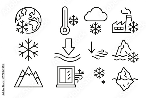 Climate change and global cooling vector line icons. Ice age and winter symbols. Outline icon set with snowflake, iceberg, thermometer, cold wind, snow and glacier icons.
