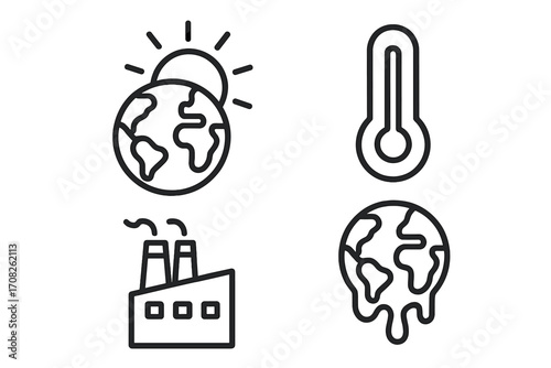 Climate change icon pack. Global warming outline linear sign collection. Melting planet earth, factory emissions, hot sun, thermometer. Ecology & environment vector symbol set.