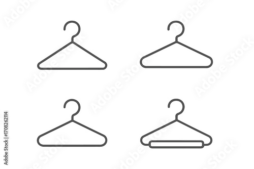 Clothes hanger icon set for fashion and retail. Vector line art of wardrobe and closet hangers for laundry, dry cleaning, apparel. Minimalist pictogram collection. Editable stroke.