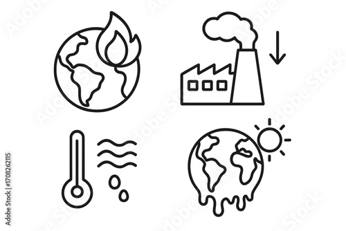 Global warming linear icon set. Climate change concepts. Melting planet, earth on fire, factory pollution, CO2 emission reduction, temperature rise. Environmental disaster vector.