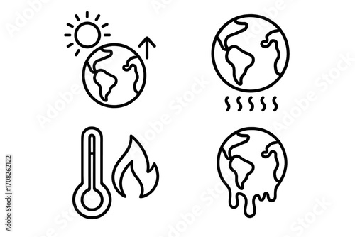 Global warming outline icon set. Climate change concept vector. Planet earth melting, sun heat, high temperature. Ecology problem, environmental disaster symbol collection.