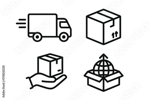 Vector line icons for logistics and delivery service. Fast shipping truck, cargo box, order handling, and worldwide distribution symbols for web, apps, and e-commerce.