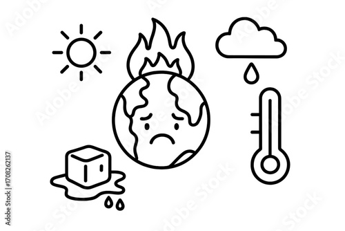 Global warming icon set. Climate change concept with sad burning planet Earth, melting ice, sun heat, and high temperature thermometer. Ecology disaster vector outline illustration.