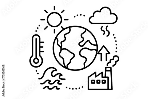 Global warming and climate change concept. Planet Earth suffering from industrial pollution, CO2 emissions, greenhouse effect, and rising sea levels. Ecology disaster vector icon set.