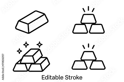 Gold bar and bullion outline icon set. Vector illustration collection of stacked gold ingots. Simple line art concept for finance, investment, treasure, and wealth. Editable stroke.