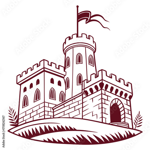 Majestic Castle Illustration on a Hilltop A Symbol of Strength and History