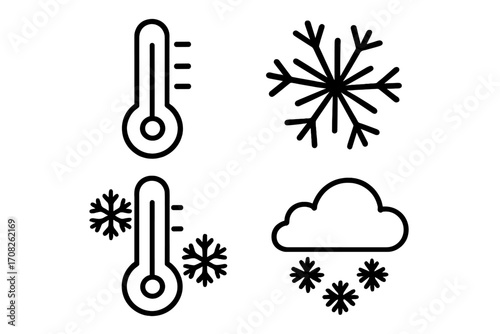 Winter weather line icon set. Thermometer, snow, snowflake, and cold temperature symbols. Outline vector signs for meteorology forecast, web design, apps. Minimalist graphic elements.