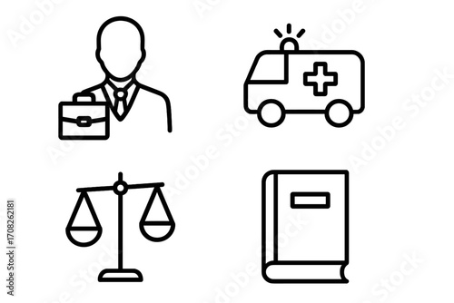 Business, law, and medical line icon collection. Vector pictograms for legal services, justice, and emergency care. Outline symbols of lawyer, ambulance, scales, book.