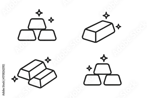 Gold bars icon set. Line art collection of sparkling gold ingots. Bullion symbol for finance, banking, and investment. Vector illustration of treasure and wealth concept.