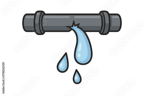 Broken pipe with water leak icon. Vector cartoon illustration of a plumbing problem. Water damage concept. Burst pipeline, dripping drops. Emergency repair and maintenance.